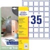 Packungsabbildung mit Etikettenbogen: Avery Zweckform Quadratische Etiketten, Artikel:  6251-10, Format: 35 x 35 mm, Druckereignung: Inkjet,Laser s/w,Farblaser, Inhalt: 350 Etiketten / 10 Bögen, 35 Etiketten/Bogen