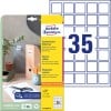 Packungsabbildung mit Etikettenbogen: Avery Zweckform Quadratische Etiketten, ablösbar, Artikel:  6251REV-10, Format: 35 x 35 mm, Druckereignung: Inkjet,Laser s/w,Farblaser, Inhalt: 350 Etiketten / 10 Bögen, 35 Etiketten/Bogen