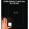 Größenvergleich mit Hand, Artikel: 6252REV-10, ein Bogen Quadratische Etiketten, ablösbar, Format: 45 x 45 mm, Farbe: Weiß