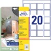 Packungsabbildung mit Etikettenbogen: Avery Zweckform Quadratische Etiketten, ablösbar, Artikel:  6252REV-10, Format: 45 x 45 mm, Druckereignung: Inkjet,Laser s/w,Farblaser, Inhalt: 200 Etiketten / 10 Bögen, 20 Etiketten/Bogen