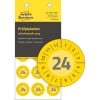 Packungsabbildung mit Prüfplakette: Avery Zweckform Prüfplaketten, Artikel:  6943-2024, Format: ⌀ 20 mm, Inhalt: 120 Prüfplaketten / 8 Bögen, 15 Prüfplaketten/Bogen