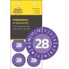 Dieses Bild zeigt ein Paket von Inspektionsetiketten für das Jahr 2028, wobei die Zahl 28 deutlich hervorgehoben ist. Die Etiketten sind lila und kreisförmig mit einem Durchmesser von 30 mm.