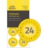 Packungsabbildung mit Prüfplakette: Avery Zweckform Prüfplaketten, Artikel:  6946-2024, Format: ⌀ 30 mm, Inhalt: 80 Prüfplaketten / 10 Bögen, 8 Prüfplaketten/Bogen
