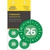 Packungsabbildung mit Prüfplakette: Avery Zweckform Prüfplaketten, Artikel:  6946-2026, Format: ⌀ 30 mm, Inhalt: 80 Prüfplaketten / 10 Bögen, 8 Prüfplaketten/Bogen