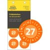 Packungsabbildung mit Prüfplakette: Avery Zweckform Prüfplaketten, Artikel:  6946-2027, Format: ⌀ 30 mm, Inhalt: 80 Prüfplaketten / 10 Bögen, 8 Prüfplaketten/Bogen