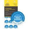 Packungsabbildung mit Prüfplakette: Avery Zweckform Prüfplaketten, Artikel:  6977-2025, Format: ⌀ 20 mm, Inhalt: 120 Prüfplaketten / 8 Bögen, 15 Prüfplaketten/Bogen