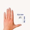 Größenvergleich mit Hand, Artikel: 74785, ein Bogen Haftstreifen, Format: 25,4 x 38,1 mm, Farbe: Gold, Rosé gold, Silber, Kupfer