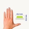 Größenvergleich mit Hand, Artikel: 74789, ein Bogen Haftstreifen, Format: 63,5 x 25,4 mm, Farbe: Weiß