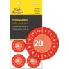 Packungsabbildung mit Etikettenbogen: Avery Zweckform Prüfplaketten, Artikel:  7901, Format: ⌀ 30 mm, Inhalt: 80 Prüfplaketten / 10 Bögen, 8 Prüfplaketten/Bogen