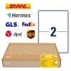 Packungsabbildung mit Etikettenbogen: Avery Zweckform Versand-Etiketten, Artikel:  8018-300, Format: 199,6 x 143,5 mm, Druckereignung: Inkjet,Laser s/w,Farblaser, Inhalt: 600 Etiketten / 300 Bögen, 2 Etiketten/Bogen