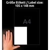 Größenvergleich mit Hand, Artikel: 8025-300, ein Bogen Versand-Etiketten, Format: 105 x 148 mm, Farbe: Weiß