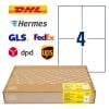 Packungsabbildung mit Etikettenbogen: Avery Zweckform Versand-Etiketten, Artikel:  8025-300, Format: 105 x 148 mm, Druckereignung: Inkjet,Laser s/w,Farblaser, Inhalt: 1.200 Etiketten / 300 Bögen, 4 Etiketten/Bogen
