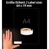 Größenvergleich mit Hand, Artikel: A1933085, ein Bogen Rollen-Etiketten, Format: 19 x 64 mm, Farbe: Weiß