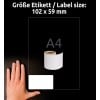 Größenvergleich mit Hand, Artikel: A1976414, ein Bogen Rollen-Etiketten, Format: 59 x 102 mm, Farbe: Weiß