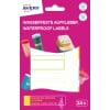 Das Bild zeigt die Verpackung für wasserfeste Etiketten von Avery. Es zeigt bunte Behälter und Etiketten mit Namen, die ihren Einsatz zum Markieren und Abdecken von Gegenständen betonen.