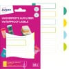 Das Bild zeigt eine Packung wasserdichter Etiketten von Avery. Die Verpackung ist in leuchtendem Pink gehalten und zeigt Etiketten in verschiedenen Farben, darunter grüne, gelbe und blaue Optionen, sowie einige beschriftete Behälter.