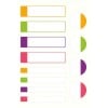 Das Bild zeigt ein Layout mit farbigen Balken und kreisförmigen Indikatoren, die Daten oder Fortschritt in Orange, Grün, Lila und Pink darstellen.