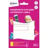 Bild zeigt Avery-Verpackung für wasserfeste Etiketten, die bunte Etiketten und Behälter enthält. Die Etiketten sind zum Kennzeichnen und Aufkleben auf verschiedenen Gegenständen entworfen.