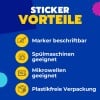 Das Bild zeigt eine Packung wasserdichter Etiketten von Avery mit hervorgehobenen Merkmalen wie beschreibbar, mikrowellensicher, spülmaschinenfest und nachhaltig verpackt.