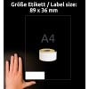 Größenvergleich mit Hand, Artikel: AS0722390, ein Bogen Rollen-Etiketten, Format: 36 x 89 mm, Farbe: Weiß