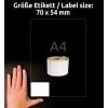 Größenvergleich mit Hand, Artikel: AS0722440, ein Bogen Rollen-Etiketten, Format: 54 x 70 mm, Farbe: Weiß