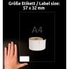 Größenvergleich mit Hand, Artikel: AS0722540, ein Bogen Rollen-Etiketten, Format: 32 x 57 mm, Farbe: Weiß