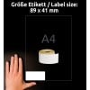 Größenvergleich mit Hand, Artikel: AS0722560, ein Bogen Rollen-Etiketten, Format: 41 x 89 mm, Farbe: Weiß