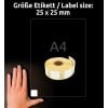 Größenvergleich mit Hand, Artikel: AS0929120, ein Bogen Rollen-Etiketten, Format: 25 x 25 mm, Farbe: Weiß