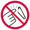 Das Bild zeigt ein Verbotsschild mit einer Hand, die auf eine Sicherheitsnadel zeigt, was eine Warnung gegen die Verwendung von Sicherheitsnadeln oder ähnlichen Gegenständen andeutet.