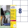 Packungsabbildung mit Etikettenbogen: Avery Zweckform Ultra-Resistente Folien-Etiketten, Artikel:  B3427-50, Format: 105 x 74 mm, Druckereignung: Laser s/w,Farblaser, Inhalt: 400 Etiketten / 50 Bögen, 8 Etiketten/Bogen