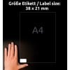 Größenvergleich mit Hand, Artikel: B7651-50, ein Bogen Ultra-Resistente Folien-Etiketten, Format: 38 x 21 mm, Farbe: Weiß