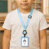 Ein kleiner Junge trägt ein weißes Hemd mit einem blauen Schlüsselband, an dem ein Ausweis befestigt ist. Der Ausweis scheint einen Namen und Informationen zu enthalten, und der Hintergrund weist auf eine Klassenzimmerumgebung hin.
