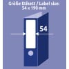 Das Bild zeigt einen Ordner mit Abmessungen für eine Etikettengröße von 54 x 190 mm, einschließlich einer Platzhalterfläche für ein Etikett auf dem Ordner.
