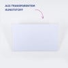 Das Bild zeigt einen transparenten Kunststoffgegenstand vor einem weißen Hintergrund. Darüber befindet sich ein Text in deutscher Sprache, der übersetzt 'aus transparentem Kunststoff hergestellt' bedeutet.