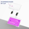 Das Bild zeigt einen klaren Namensschildhalter mit einer Klammer. Es zeigt den Namen 'Lucie Delbois' und den Titel 'DIRECTRICE MARKETING' vor einem violetten Hintergrund. Das Abzeichen ist Teil eines Sets von 25.