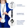 Ein Bild, das ID-Schlüsselbänder mit einem einziehbaren Mechanismus, einem Sicherheitsclip und einem Metallkarabiner zum Befestigen von Namensschildern und Schlüsseln zeigt. Das Design enthält Produktdetails auf Deutsch.