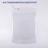 Das Bild zeigt einen klaren Plastikdokumentenhalter mit einem Etikett, auf dem 'AUS TRANSPARENTEM KUNSTSTOFF' steht.