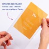 Das Bild zeigt eine Person, die einen transparenten Plastikschilderhalter mit einer eingesteckten Karte hält. Die Karte enthält Text und Farben, die darauf hinweisen, dass sie aus nachhaltigem Papier hergestellt ist. Sie enthält den Namen 'Coralie Miaping' und einige Details über das Format.