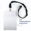 Das Bild zeigt einen klaren Kunststoffausweishalter mit einem schwarzen Lanyard. Der Ausweishalter ist dafür ausgelegt, Identifikationskarten zu halten.