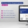 Das Bild zeigt einen Computerbildschirm mit der Avery Online Designer-Oberfläche, auf der Anweisungen in deutscher Sprache zu sehen sind, wie man mit einem Code personalisierte Designs erstellt.