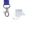 Das Bild zeigt einen Metallkarabiner mit einem blauen Riemen. Er ist für das Anbringen von Namensschildern oder Zubehör konzipiert.
