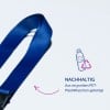 Das Bild zeigt ein blaues Lanyard aus recyceltem PET-Kunststoff, zusammen mit einem Text, der seine nachhaltigen Eigenschaften hervorhebt.