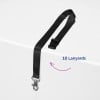 Das Bild zeigt ein schwarzes Lanyard mit einem Metallclip, das teilweise über den Rand einer weißen Oberfläche hängt. Der Text lautet '10 Lanyards'.