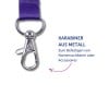 Das Bild zeigt einen Metallkarabiner, der an einem lila Band befestigt ist, mit einem Text in deutscher Sprache, der seine Verwendung zum Anbringen von Namensschildern oder Accessoires beschreibt.