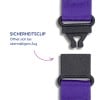Das Bild zeigt eine Sicherheitsklammer mit einem violetten Band, das auf Deutsch beschriftet ist und angibt, dass sie sich bei übermäßiger Zugkraft öffnet.