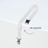 The image shows a white lanyard with a clasp attachment hanging over a white surface. There is a black plastic clip on it, and a label indicating '10 Lanyards'.