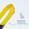 Das Bild zeigt einen gelben Riemen und einen Text, der angibt, dass er aus recycelten PET-Plastikflaschen besteht und Nachhaltigkeit betont.
