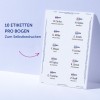Das Bild zeigt ein Blatt selbstklebender Namensschilder mit 10 Etiketten zum Bedrucken. Jedes Etikett enthält den Namen und die Berufsbezeichnung von Personen, wie z. B. B. Carlos, H. Styles und andere. Es trägt das Logo von Avery und gibt auf Deutsch '10 ETIKETTEN PRO BOGEN' an, was 10 Etiketten pro Blatt bedeutet.
