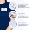 Das Bild zeigt eine Person in einem blauen Hemd mit Namensschildern. Der Text hebt Avery-Namensschilder hervor, einschließlich Details zur Klebequalität und Online-Design-Optionen. Es werden Beispiele von Namensschildern für verschiedene Personen gezeigt.