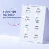 Das Bild zeigt ein Blatt mit Namensschildern, das acht Etiketten für verschiedene Berufe enthält. Jedes Etikett beinhaltet einen Namen und einen Berufstitel und betont die Option zum Selbstdrucken.